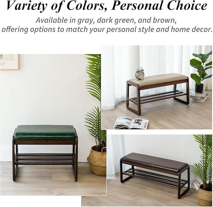 Shoe Bench, Entryway Bench with Leather Cushion, Solid Wood Shoe Rack, Mid Century Modern Bench, Shoe Storage, Shoe Organizer for Entryway (Grey, 21.7" W)