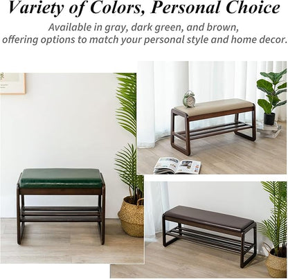Shoe Bench, Entryway Bench with Leather Cushion, Solid Wood Shoe Rack, Mid Century Modern Bench, Shoe Storage, Shoe Organizer for Entryway (Grey, 31.5" W)