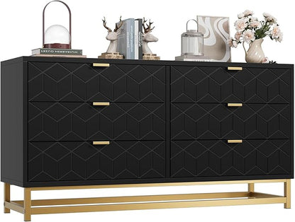 Dresser for Bedroom, 53.5" Large Dresser Organizer, 6 Drawer with Golden Metal Handle and Legs, Modern Chest of Drawers, Black Dressers with Drawers for Closet, Hallway, Living Room, Entryway