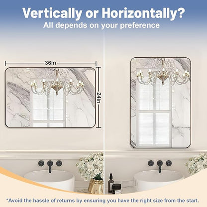24x36 Inch Brushed Bronze Bathroom Mirror for Wall, Metal Framed Rectangle Mirror with Rounded Corner, Bathroom Vanity Mirror in Aluminum Alloy, Hangs Horizontally or Vertically