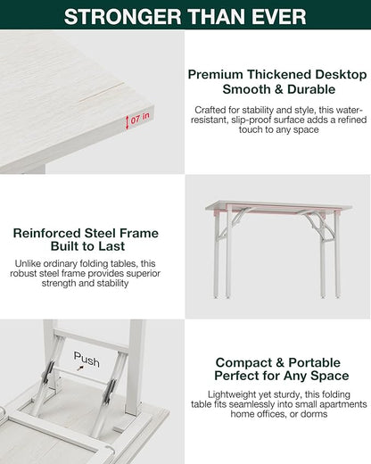 Frylr Small Folding Computer Desk – 43.3 Inch Portable Table for Craft and Study, Lightweight Desk for Small Spaces, Foldable Laptop Table Built-in AC/USB Outlets for Convenience, White Ash