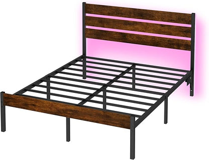 Full Size Bed Frame with Headboard,Heavy Duty LED Bed Frame with USB Charging Station,Mattress Foundation-Under Bed Storage, No Box Spring Needed, Noise Free,Brown