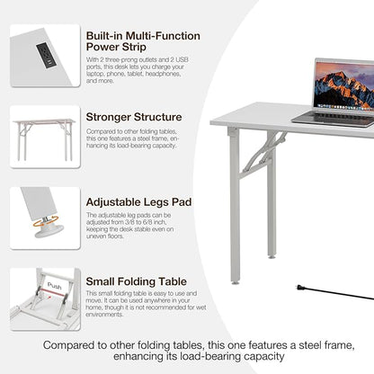 TEMI Long Computer Desk Folding Table - No Assembly, Compact 55.1" Foldable Desk with Power Outlets & USB Charging Port, Portable Lagre Office Desk, Ideal Large Study Table for Narrow Spaces