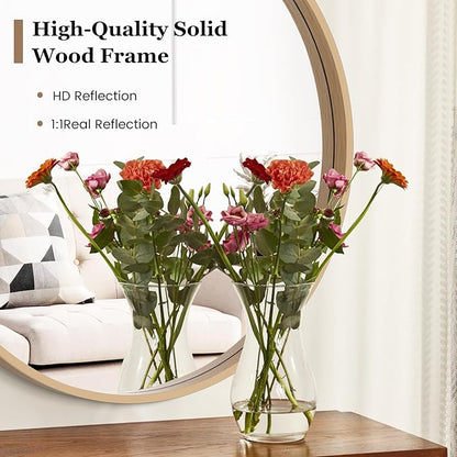 HOMECOOKIN Round Wood Mirror, 24" Round Bathroom Wall Mirror Circle Mirrors for Wall Decor, Vanity, Living Room, Bedroom, Entryway, Natural