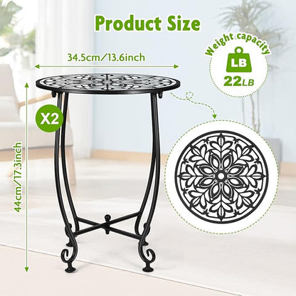 2 Pack Outdoor Side Table for Small Spaces, 14 Inch Patio Side Table,Plant Stand,Round Metal End Table Anti-Rust Waterproof Accent Table for Patio,Yard Porch Balcony Garden
