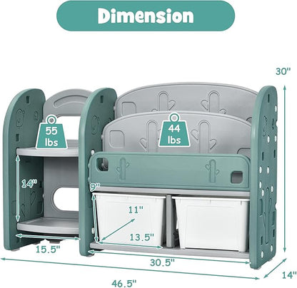 Costzon Kids Toy Storage Organizer, Toddler Bookshelf Cabinet w/ 2-Tier Bookshelf, 2 Shelves, 2 Removable Bins, Children Bookcase Display Book Rack for Kids Room Bedroom Playroom Furniture (Green)