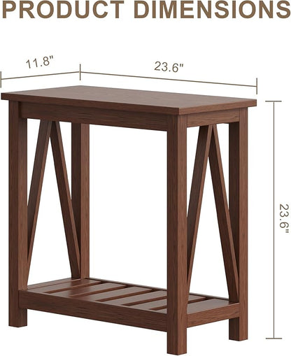 ChooChoo Farmhouse End Table Set of 2, Rustic Vintage Narrow End Side Table with Storage Shelf for Small Spaces, Nightstand Sofa Table for Living Room, Bedroom Walnut