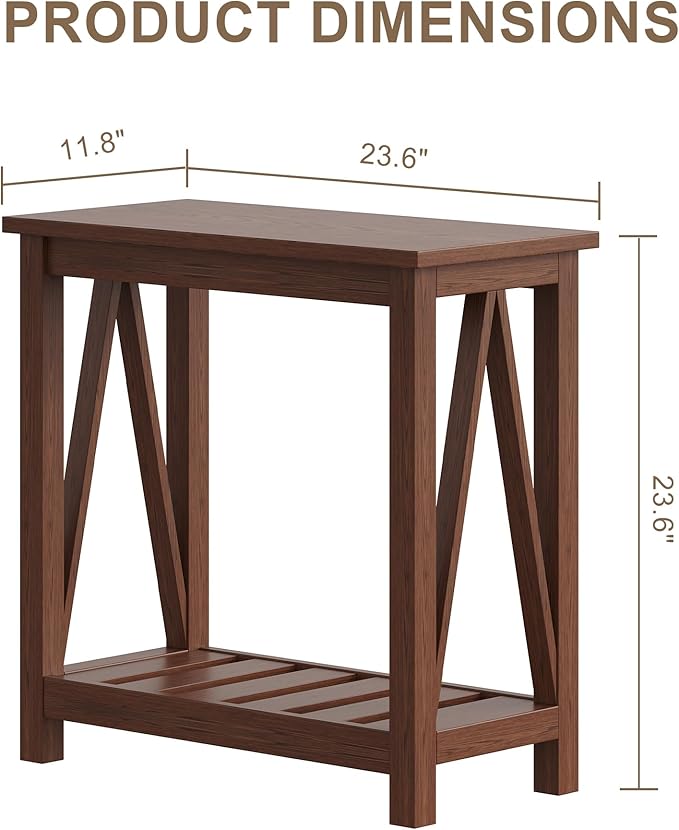 ChooChoo Farmhouse End Table, Narrow Side Table, Slim End Table with Storage Shelf for Small Spaces, Rustic Nightstand, for Living Room, Bedroom Walnut