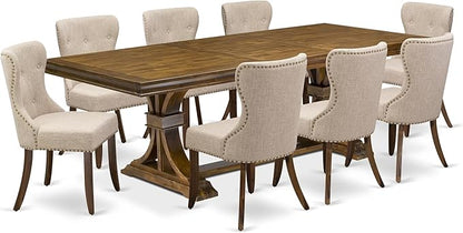 LESI9-AWA-04-9-pc Modern Dining Set Consists of a Dining Table and 8 Light Tan Linen Fabric Mid Century Dining Chairs with Button Tufted Back - Antique Walnut Finish