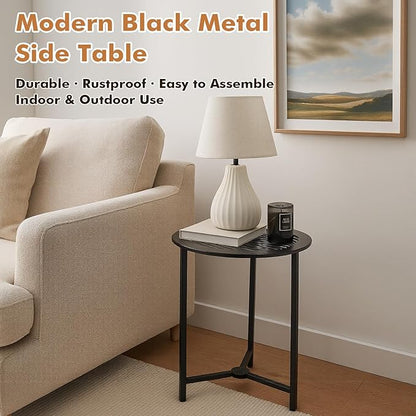 2 Packs 13" Small Metal Side Tables Indoor Black Outside End Table for Outdoor Patio Round Accent Garden Corner Stand for Small Spaces Weather-Resistant Coffee Table for Balcony Porch Plant Stand
