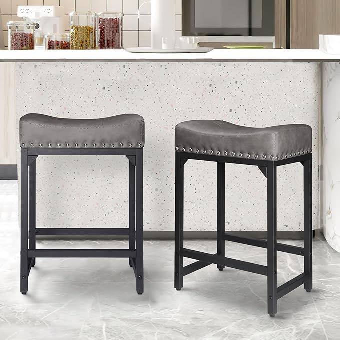 Counter Height Bar Stools Set of 2, Bar Stools for Kitchen Counter, 24 Inch Counter Stools Saddle Barstools with Metal Base for Pub, Bar, Kitchen Dining Room(Grey)