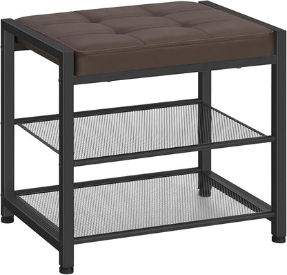 HOOBRO Small Shoe Bench, 3-Tier Shoe Rack, Shoe Storage Bench with PU Seat Cushion, Entryway Shoe Rack Bench with Metal Mesh Shelves, Freestanding Shoe Organizer for Hallway, Brown CB33HX01