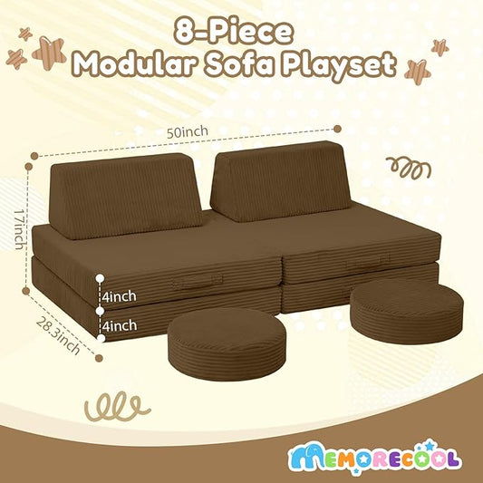 MeMoreCool Kids Couch for Playroom, Corduroy Convertible Toddler Couch, 8 Piece Modular Play Sofa, Foam Fort Building Set for Child Room Furniture, Brown