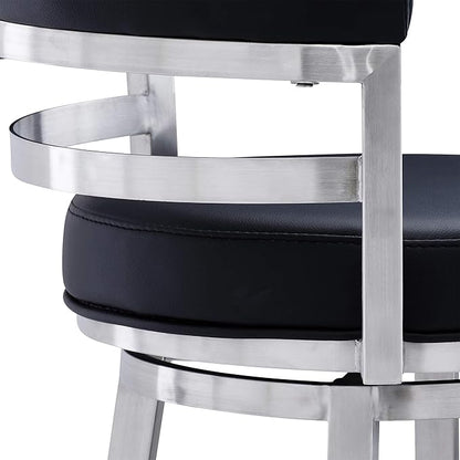 Armen Living Titana 30" Bar Height Swivel Black Faux Leather and Brushed Stainless Steel Bar Stool