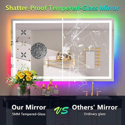 51x40 Inch RGB LED Bathroom Mirror Front Light and RGB Backlit Lighted Vanity Mirror for Bathroom Wall Mounted Dimmable Anti Fog Memory Shatter-Proof IP54 Waterproof Horizontal/Vertical