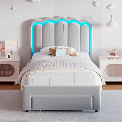 Twin Upholstered LED Bed Frame with Storage Drawer and Adjustable Chic Double Wavy Headboard, Velvet Prince Platform Bed for Boys/Kids, Solid Wood Slats Support, No Box Spring Needed, Grey