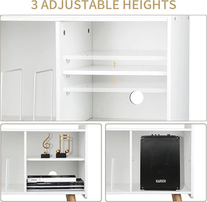 Mid-Century Record Player Stand, Vinyl Record Cabinet Holder with Storage Up to 100 Albums, Record Player Table for Living Room Bedroom Office, Turntable Stand with Wood Legs, White