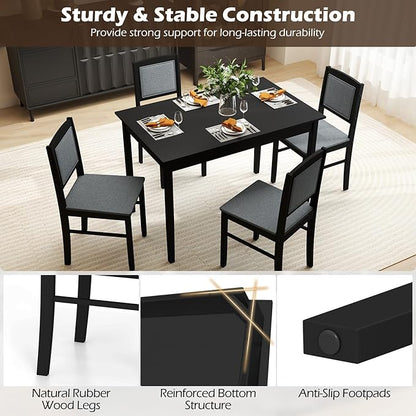 Giantex 5-Piece Dining Table Set for 4 - Breakfast Nook Table Set with Kitchen Table, 4 Upholstered Chairs, Wood Legs, Space-Saving Dinette Set, Kitchen Table Chairs Set of 4 (Black+Grey)
