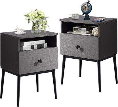 VECELO 2-Tier Nightstands Bedside Table with Storage Drawer and Open Wood Shelf, End Table for Living Room, Bedroom and Small Spaces, Night Stand with Metal Legs, Easy Assembly