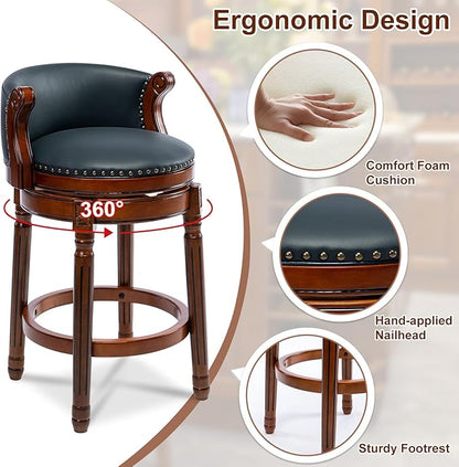 CozyRain Bar Stools Rubber Wood Counter Height Bar Stool Leather Upholstered Swivel Barstools with Back & Footrest for Home,Kitchen,Counter,Dining Room (Navy Blue, Seat Height 26 in)