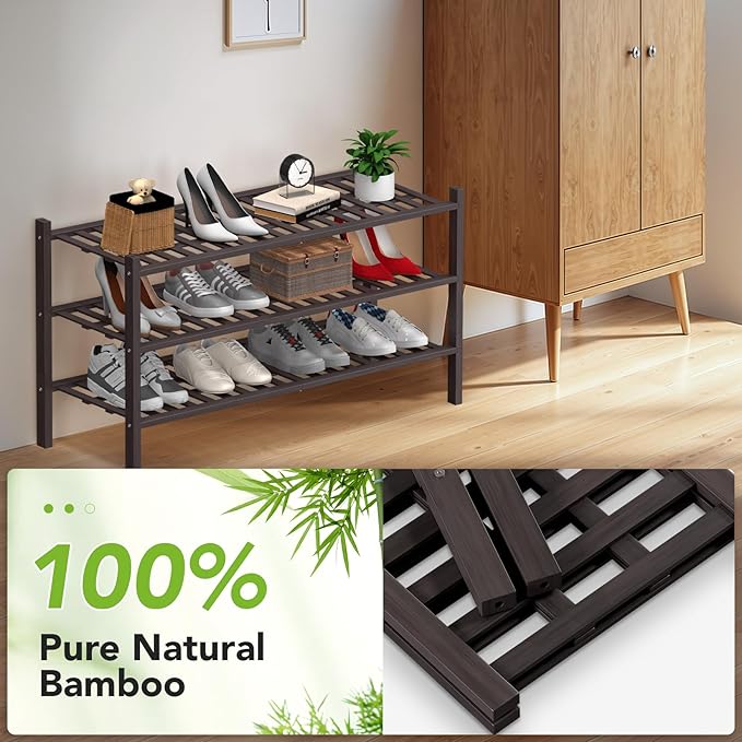Haddockway Long 3 Tier Bamboo Shoe Rack Storage Organizer, Multifunctional Free Standing Stackable Shoe Shelf with Grid Panel for Closet,Hallway,Entryway,Small Space 34.2"x11"x20"(Brown, 3-Tier(Long))