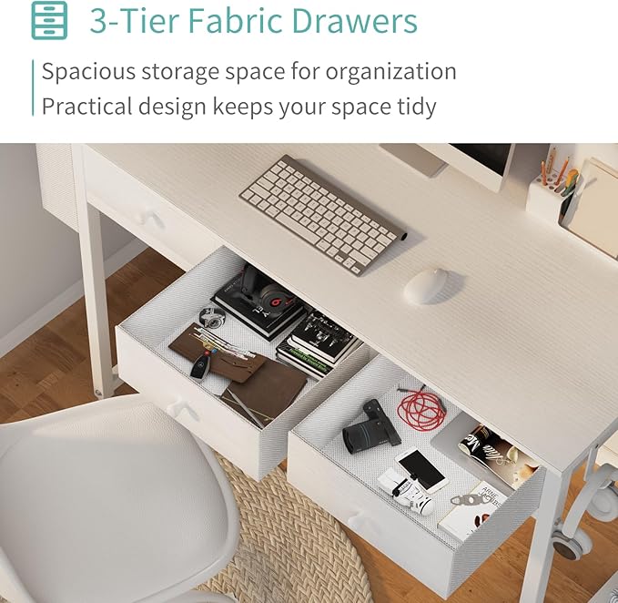 Lufeiya Small White Computer Desk with Fabric Drawers for Home Office Bedroom, 40 Inch Vanity Desk with Drawer Storage and Side Pouch, Study Writing Table, White