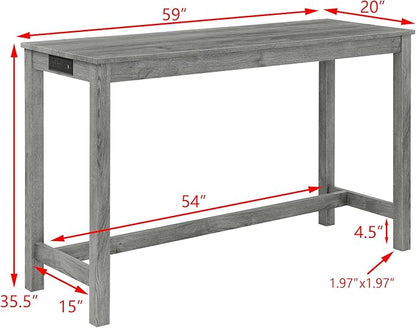 Ball & Cast 4 Piece Kitchen Dining Room Table and Chairs Set, Farmhouse Wooden Counter Height Bar-Sets w/USB Ports & Power Outlet & 3pcs Stools, 59" Sofa-Table Barstool w/Charging Station, Grey