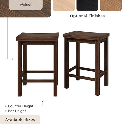Grain & Grove Smith Collection Set of 2 Solid Wood Counter Height Bar Stools, 24-Inch Saddle Seat Backless Stools, Ideal for Kitchen Island, Dining, or Home Bar Seating, Walnut