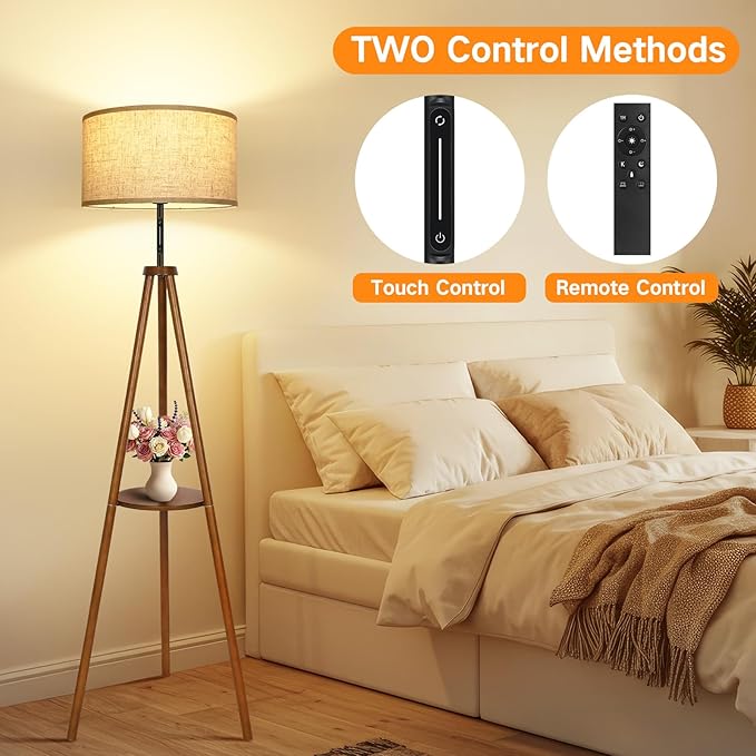 OUTON Wood Tripod Floor Lamp with Shelves, Mid Century LED Modern Dimmable Floor Lamp with Remote & Touch Control, Sturdy Tall Standing Lamp for Living Room, Bedroom, Office, Walnut