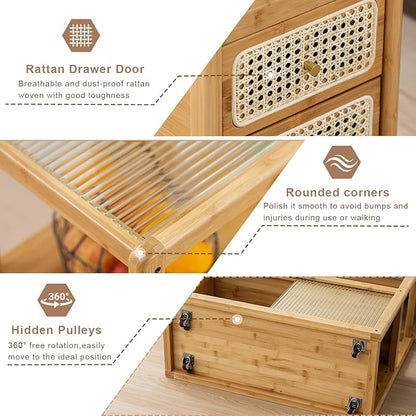 Bamboo & Rattan Side Table with Glass Top – 2-in-1 End Table and Bedside Cabinet with Drawer Storage for Small Spaces, Bedroom, Living Room, Nature