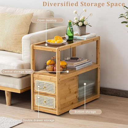 Bamboo Side Table Nightstand with Rattan Drawer & Glass Top – Multi-Function End Table, Nightstands with Storage for Bedroom, Living Room, and Small Spaces, Nature