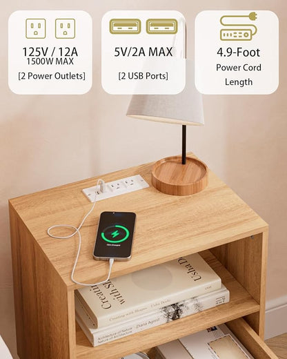 Rattan Nightstand with Charging Station, Small Night Stand, Side Table with Drawer Open Shelf, Cane Accent Bedside End Table with Wood Legs, Modern Nightstand for Bedroom, Oak (Modern)