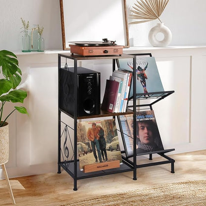 Record Player Stand with Vinyl Record Storage, Turntable Stand with 2-Tier Vinyl Display Shelf & Metal Frame, Record Holder for Living Room, Rustic Brown