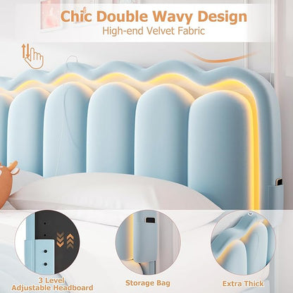 King Upholstered LED Bed Frame with 2 Storage Drawers and Adjustable Chic Double Wavy Headboard, Velvet Princess Platform Bed with Charing Station, Solid Wood Slats Support, No Box Spring Needed,Blue