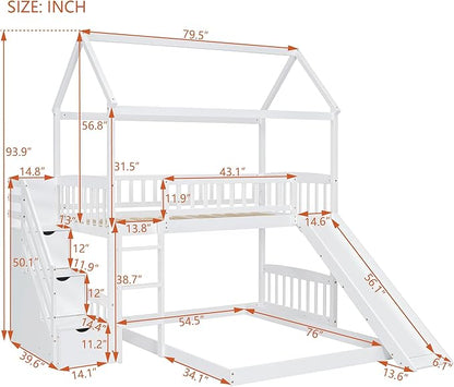 Ball & Cast Twin Over Twin Size House Bunk Bed with Slide and Storage Steps,Wood Bunkbed w/Full-Length Guard Rail & Ladder,Slat Support,Space Saving,Bedroom Furniture for Student Dorms,White
