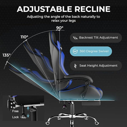 GTPLAYER Gaming Chair, Computer Chair with Footrest and Lumbar Support, Height Adjustable Game Chair with 360°-Swivel Seat and Headrest and for Office or Gaming (Faux Leather, Blue)