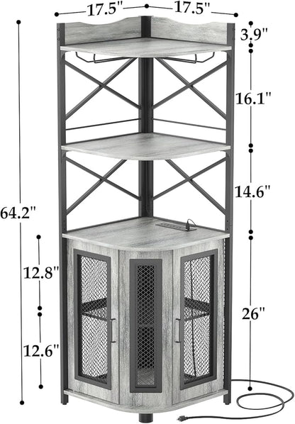 Aheaplus Corner Bar Cabinet with Power Outlet, Industrial Wine Cabinet with LED Strip and Glass Holder, 5-Tiers Liquor Cabinet Bar Unit for Home, Corner Display Cabinet for Small Space, White Oak