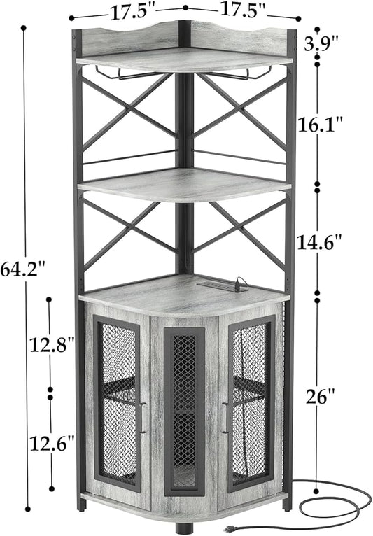 Aheaplus Corner Bar Cabinet with Power Outlet, Industrial Wine Cabinet with LED Strip and Glass Holder, 5-Tiers Liquor Cabinet Bar Unit for Home, Corner Display Cabinet for Small Space, White Oak