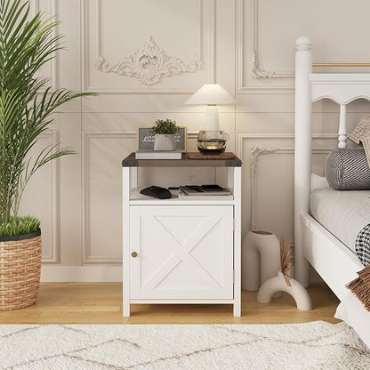 Farmhouse Nightstand Set of 2 with Charging Station, Rustic End Table Bedroom with Storage Living Room Side Table White Night Stand Industrial Bedside Bed Table with USB Ports and Outlets