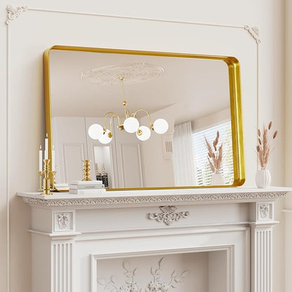 Koonmi Gold Wall Mirror for Bathroom, 30x48 Inch Matte Deep Framed Rounded Rectangle Vanity Mirror for Farmhouse Living Room, Tempered Glass, Anti-Rust, Vertically or Horizontally