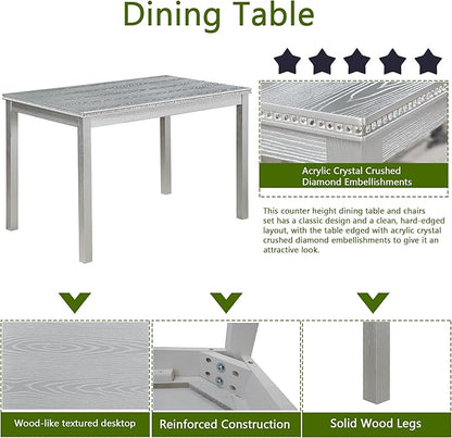 KEIKI 5-Piece Standard Height Dining Table Set with Rectangular Table and 4 Upholstered Chair, for 4 Person, Crystal Decoration Wooden Table Set, Easy Assembly, for Kitchen, Dining Room, Silver Grey