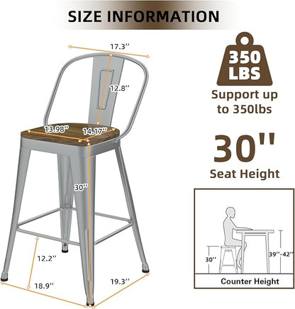 Metal Bar Stools Set of 4, High Back Bar Stools with Wooden Seat, 30 inch Silver Barstools for Kitchen Island