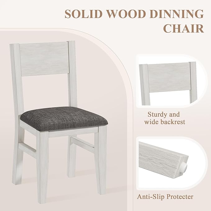Solid Wood Dining Chairs Set of 4, Farmhouse Kitchen Chairs with Upholstered Cushion, Easy Assembly for Dining Room, Kitchen, Washed Gray
