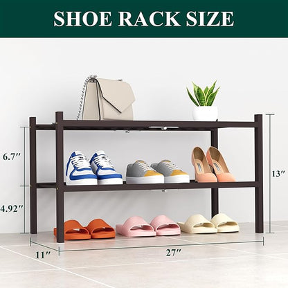 Smiry Shoe Rack, 2 Tier Thick Bamboo Shoe Organizer, Stackable Free Standing Wooden Shoe Storage Shelf for Closet, Entryway, Front Door Entrance, Brown
