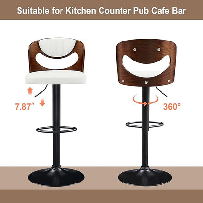 VECELO Bar Stools Set of 2,Kitchen Island Stools with Bentwood Back,Arm&Footrest,Counter Height Stools PU Leather Adjustable Height,Swivel Bar Chairs for Club Pub Dining Room, Ivory White