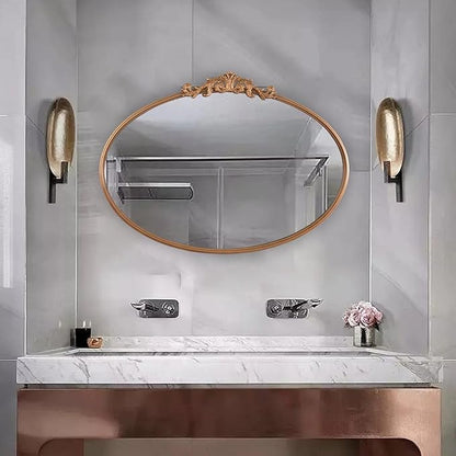 Oval Gold Mirror for Bathroom Vanity, Baroque Ornate Vintage Wall Mirror with Large Rounded Metal Frame, Decorative Antique Brass Mirror for Bedroom, Dresser, Entryway (Gold, 24”x 35.5" x1.2")