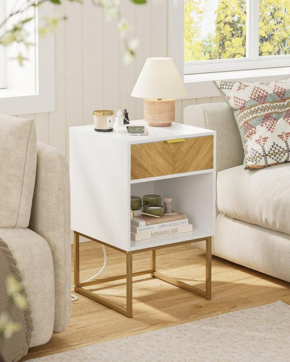 Nightstand with Charging Station,Modern Night Stand Boho Farmhouse Wood Bedside Table with Storage Drawer and Open Shelf,Side End Table for Bedroom,Living Room,White