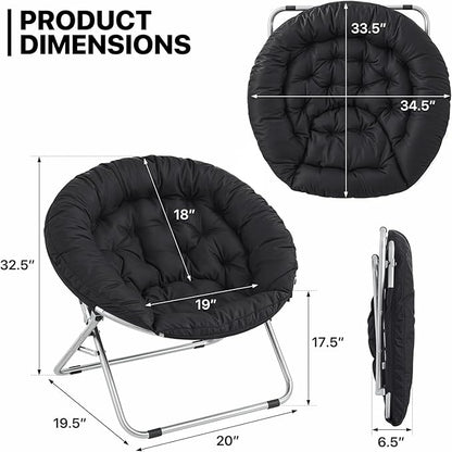 MoNiBloom Round Folding Saucer Chairs Set of 2 for Bedroom Living Room Dorm Foldable Metal Frame Comfy Soft Lounge Lazy Cozy Moon Chairs for Teens (Black)