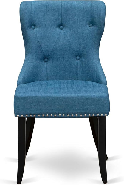 LKSI7-SBB-21-7-Piece Modern Dining Set Consists of a Mid Century Table and 6 Blue Linen Fabric Parson Chairs with Button Tufted Back - Sand Blasting Black Finish
