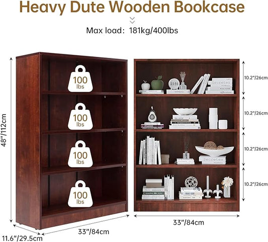 Wooden Bookcase with Adjustable Shelves, 4 Tier Wooden Bookshelf for Small Spaces, Office or Living Room, Modern Bookshelves Storage Rack, Manga Display Shelf,48 Inch,Cherry